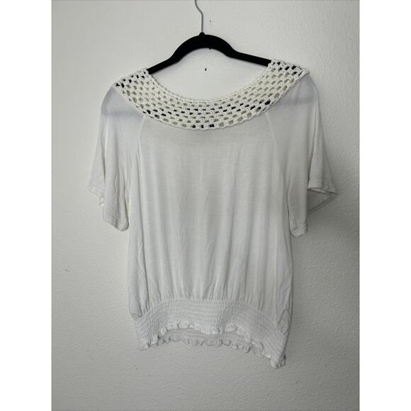 Jessica Simpson Women's Stefan Lace Shoulder Hugger Smock Hem Top Gardenia Sz M - Picture 6 of 7